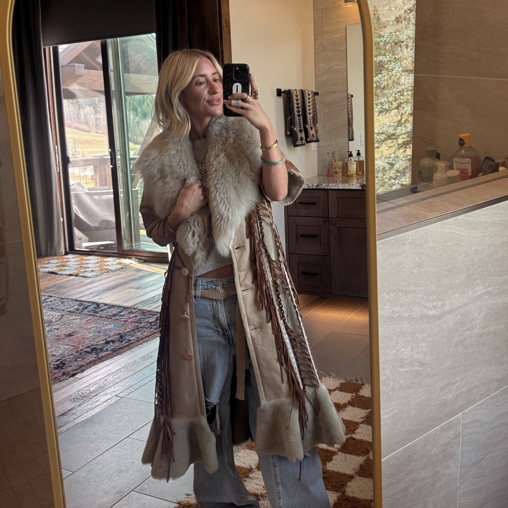 Women's Tan and Cream Ski Jacket with Faux Fur Trim